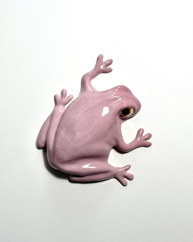 The Frog -wall sculpture, Pink, Golden eyes